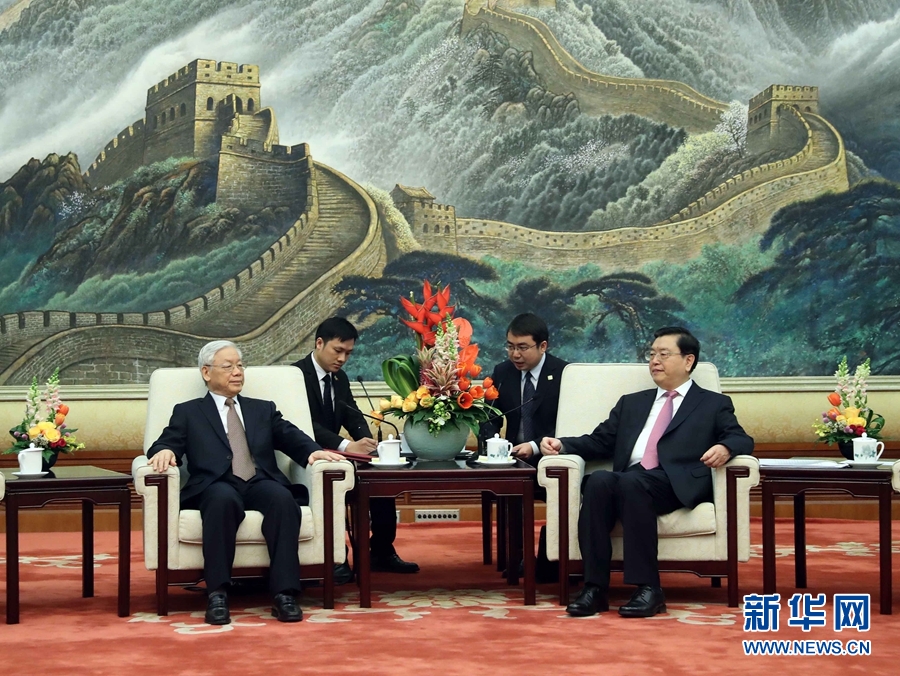 1月13日，中共中央政治局常委、全國人大常委會(huì)委員長張德江在北京人民大會(huì)堂會(huì)見越共中央總書記阮富仲。 新華社記者 劉衛(wèi)兵 攝