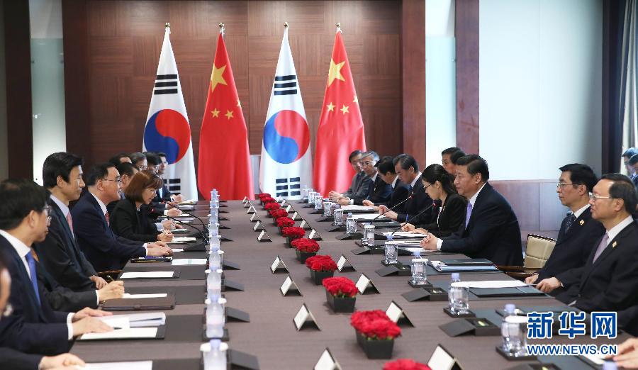 7月4日，國家主席習(xí)近平在首爾會見韓國總理鄭烘原。 新華社記者謝環(huán)馳攝 