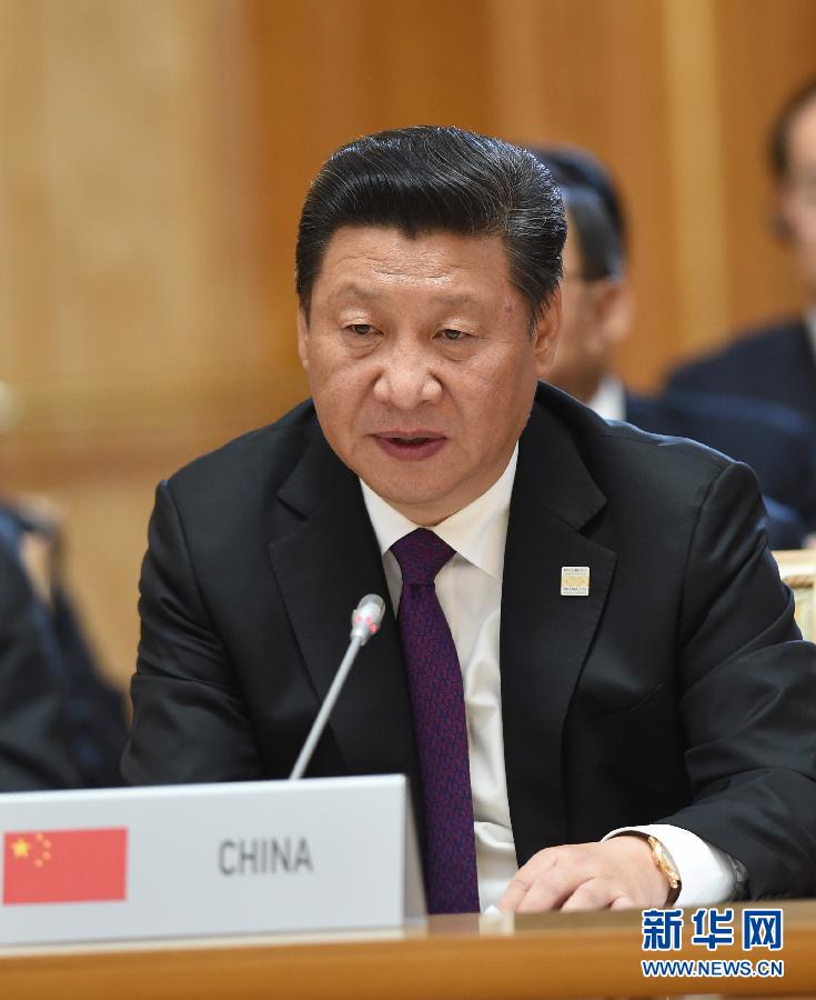 7月9日，金磚國家領導人第七次會晤在俄羅斯烏法舉行。中國國家主席習近平、俄羅斯總統(tǒng)普京、巴西總統(tǒng)羅塞夫、印度總理莫迪、南非總統(tǒng)祖馬出席。這是習近平發(fā)表題為《共建伙伴關系　共創(chuàng)美好未來》的主旨講話。新華社記者 饒愛民 攝 