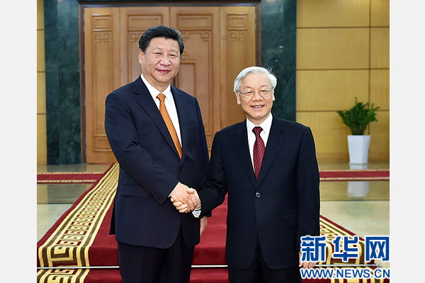11月5日，中共中央總書記、國家主席習(xí)近平在河內(nèi)同越共中央總書記阮富仲舉行會談。 新華社記者李濤攝