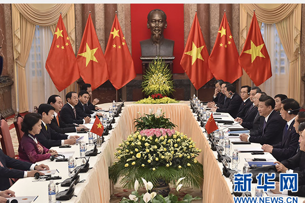 11月6日，中共中央總書記、國家主席習(xí)近平在河內(nèi)同越南國家主席張晉創(chuàng)舉行會談。 新華社記者李濤攝