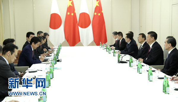 7月8日，國家主席習近平應約在漢堡會見日本首相安倍晉三。新華社記者 馬占成 攝